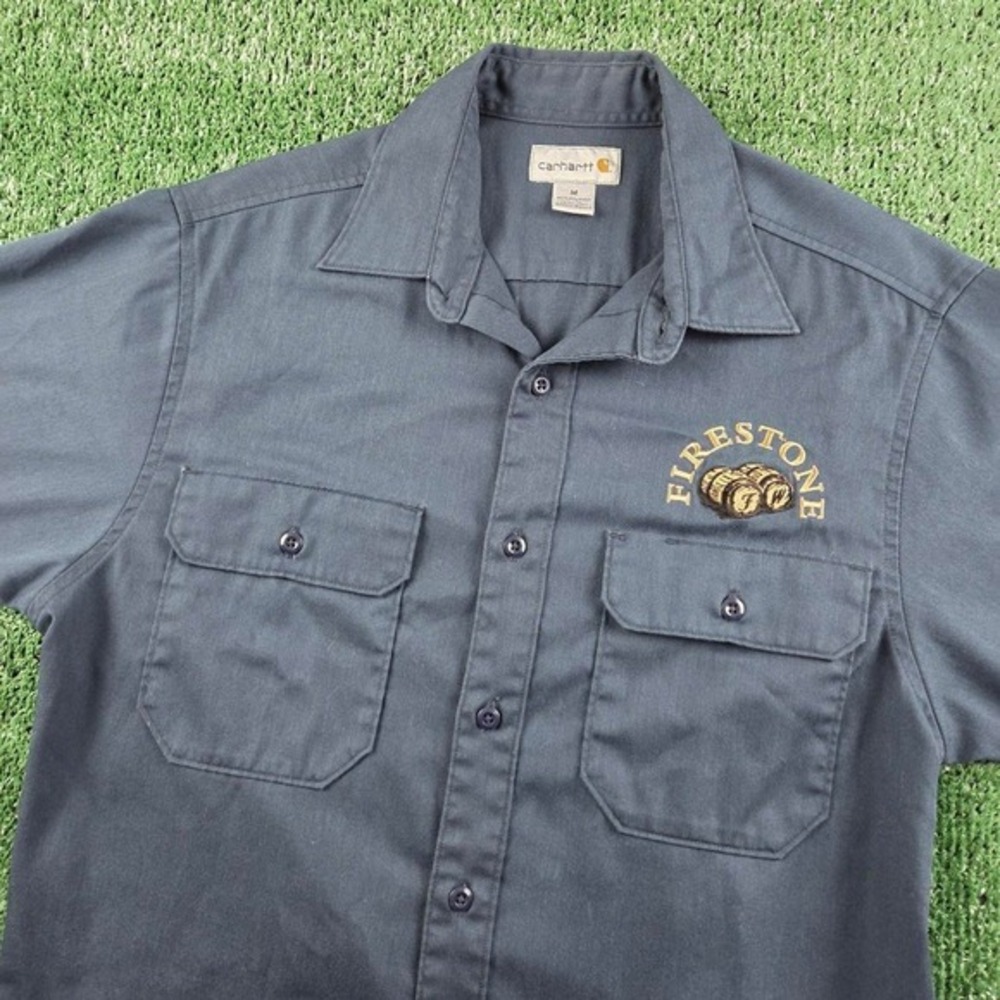 Carhartt Mens Firestone Walker Brewing Co‎ Work Shirt Navy Blue Short Sleeve M